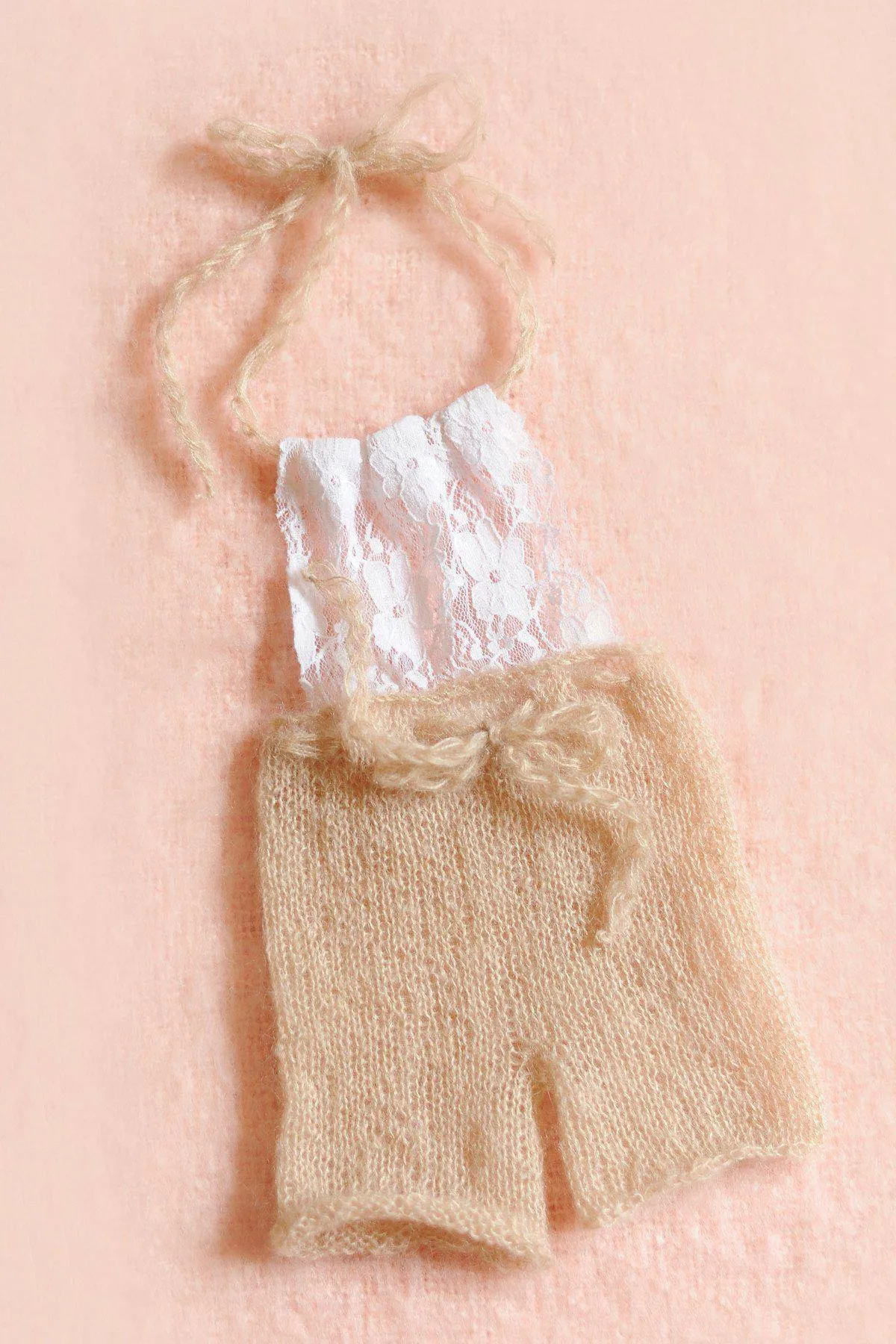 Beige Lace Front Mohair Knit Newborn Romper