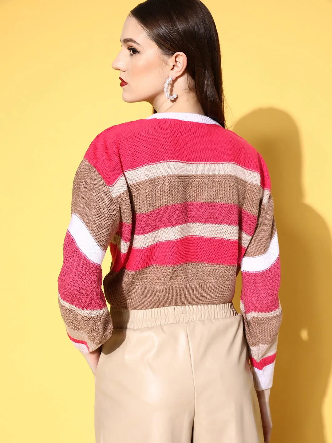 Berrylush Women Pink & Brown Striped Pattern Round Neck Acrylic Ribbed Hem Cropped Pullover