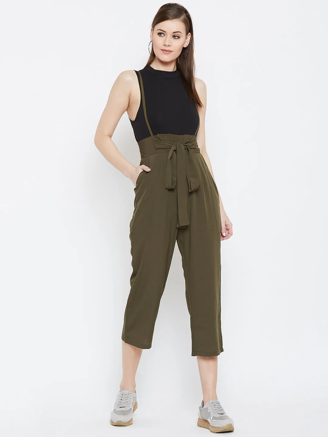 Berrylush Women Solid Olive Green Smocked Back Tie-Up Capri Jumpsuit