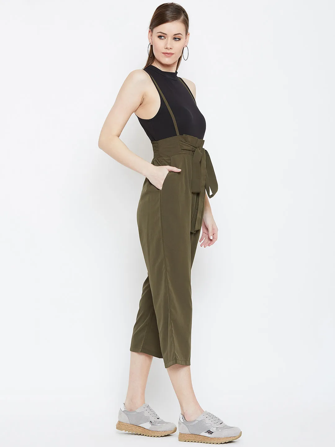 Berrylush Women Solid Olive Green Smocked Back Tie-Up Capri Jumpsuit