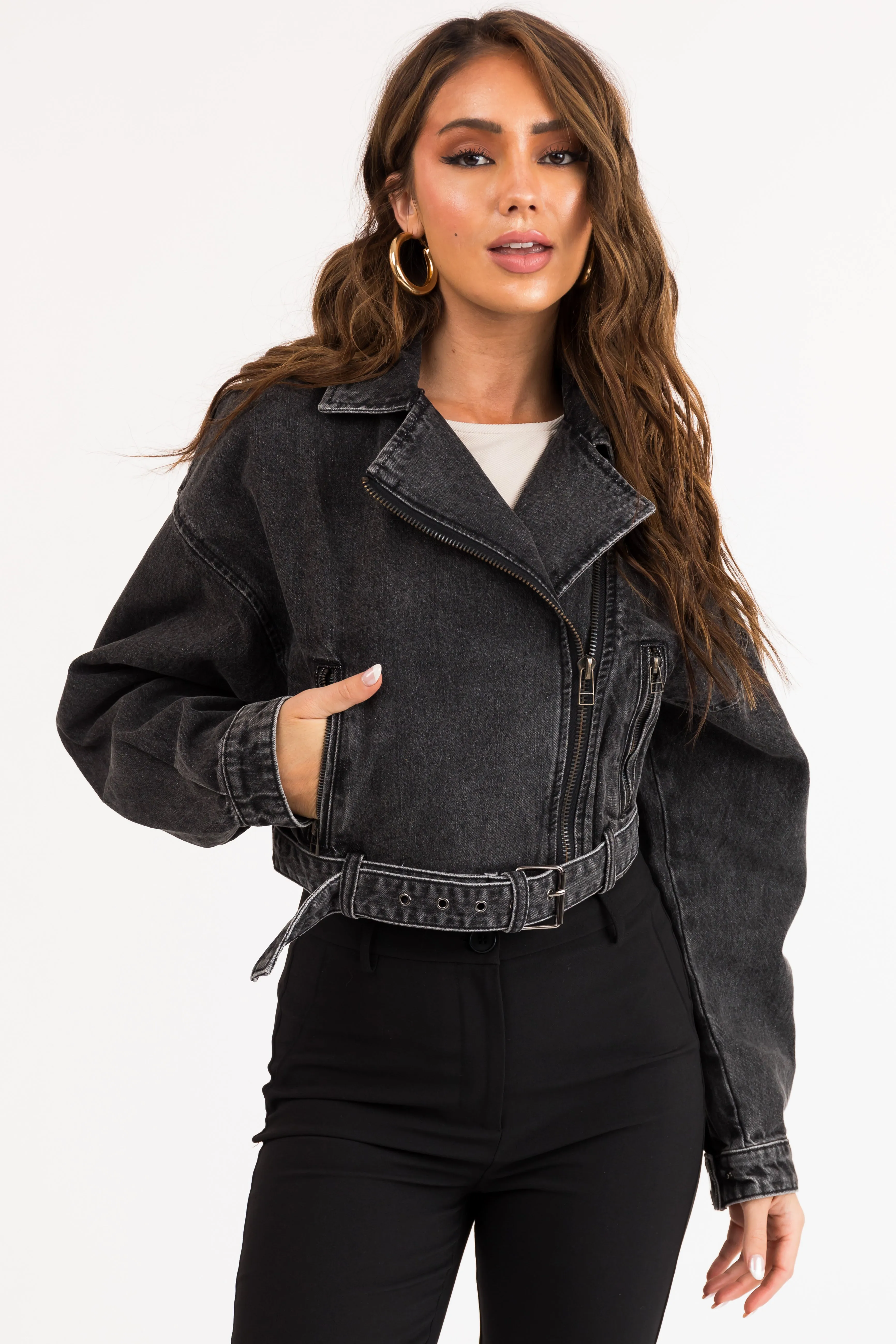 Black Off Center Zip Up Crop Jacket with Belt