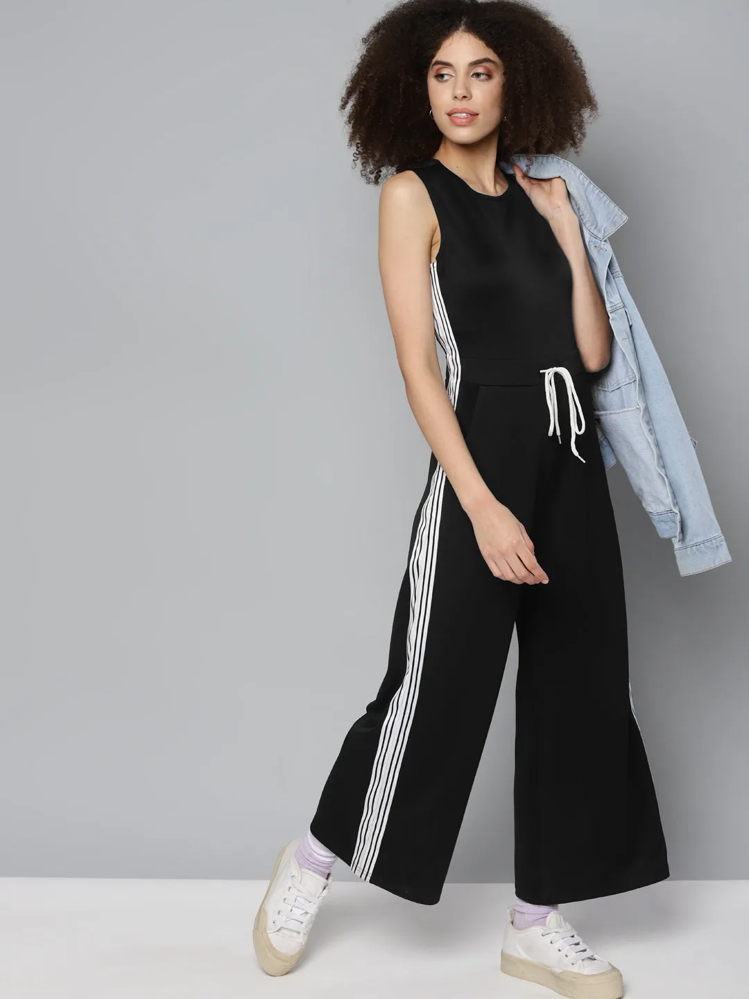 Black Scuba Drawstring Sleeveless Jumpsuit