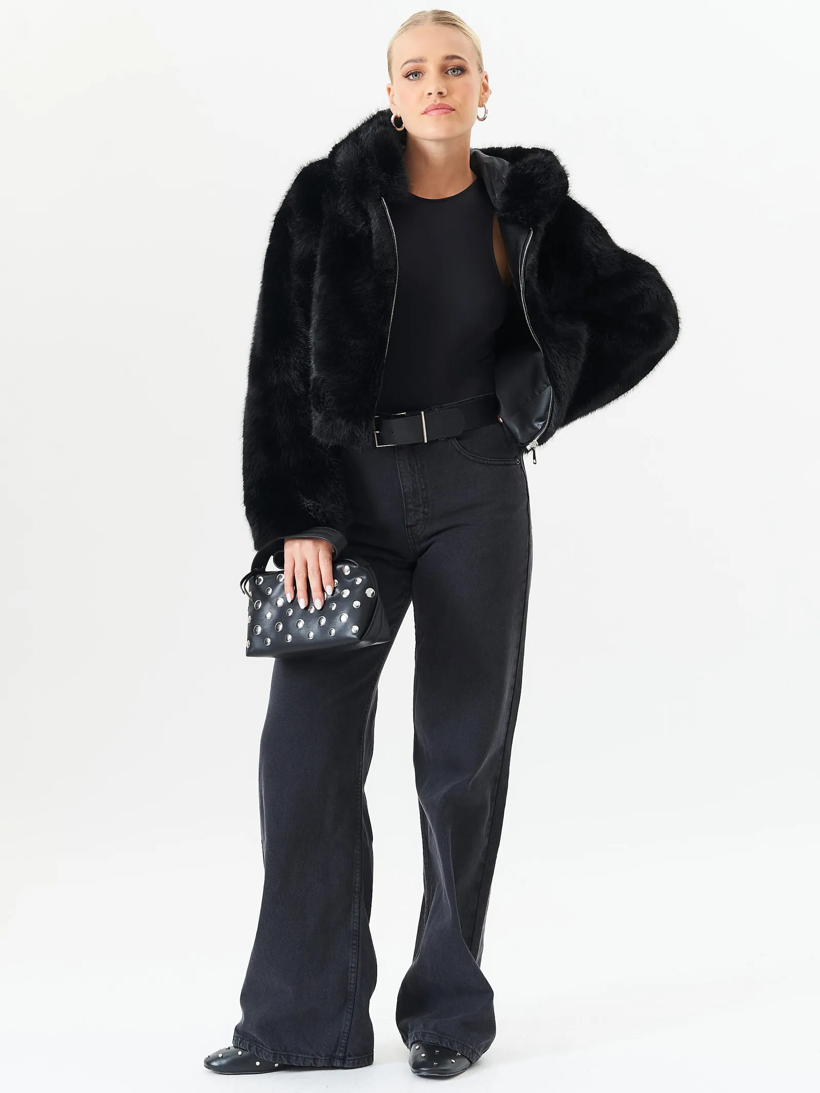 Black Zip Front Cropped Faux Fur Jacket