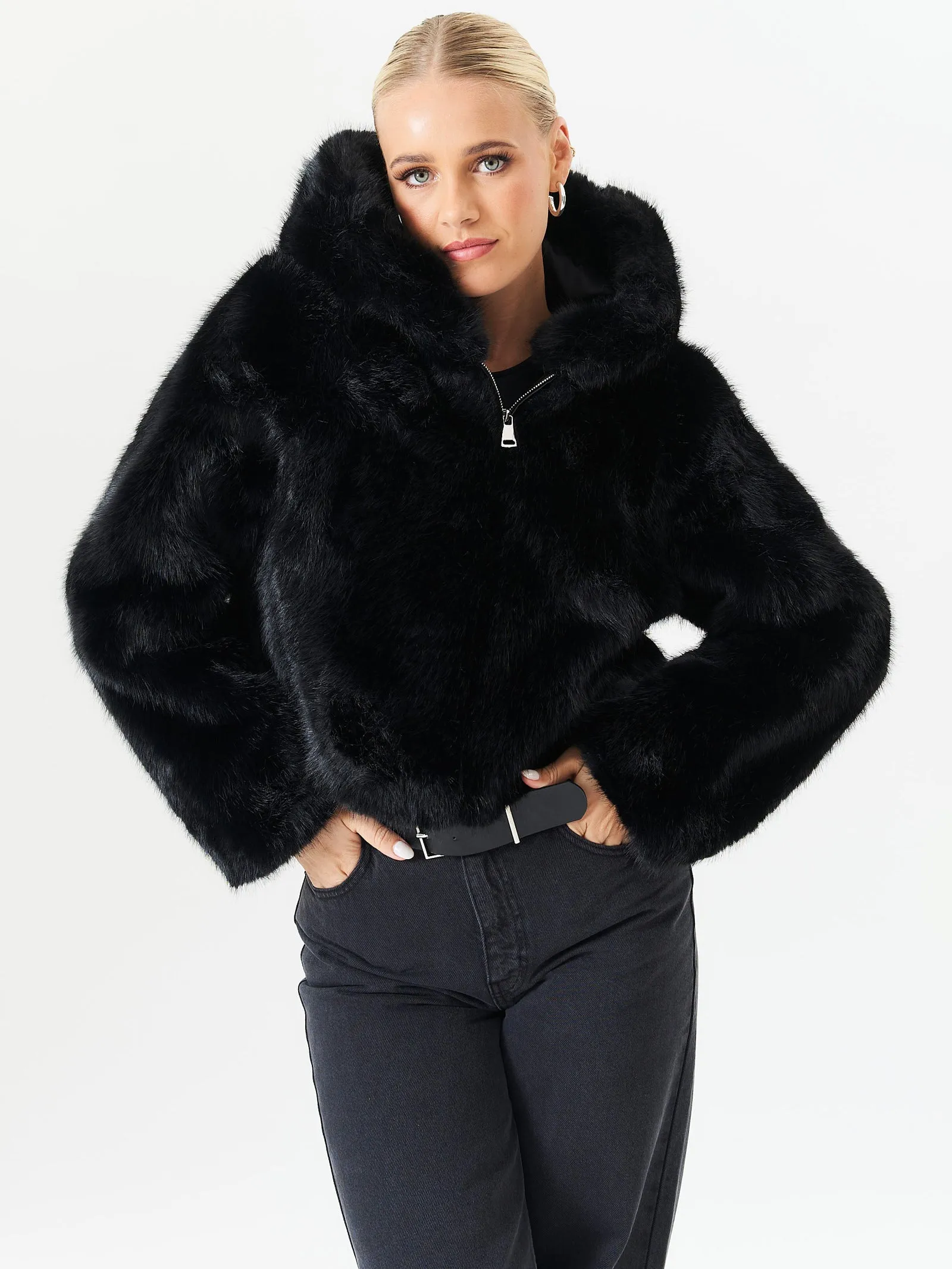 Black Zip Front Cropped Faux Fur Jacket