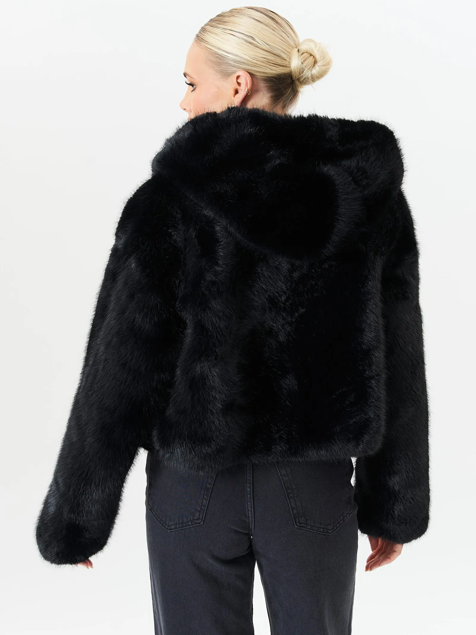 Black Zip Front Cropped Faux Fur Jacket