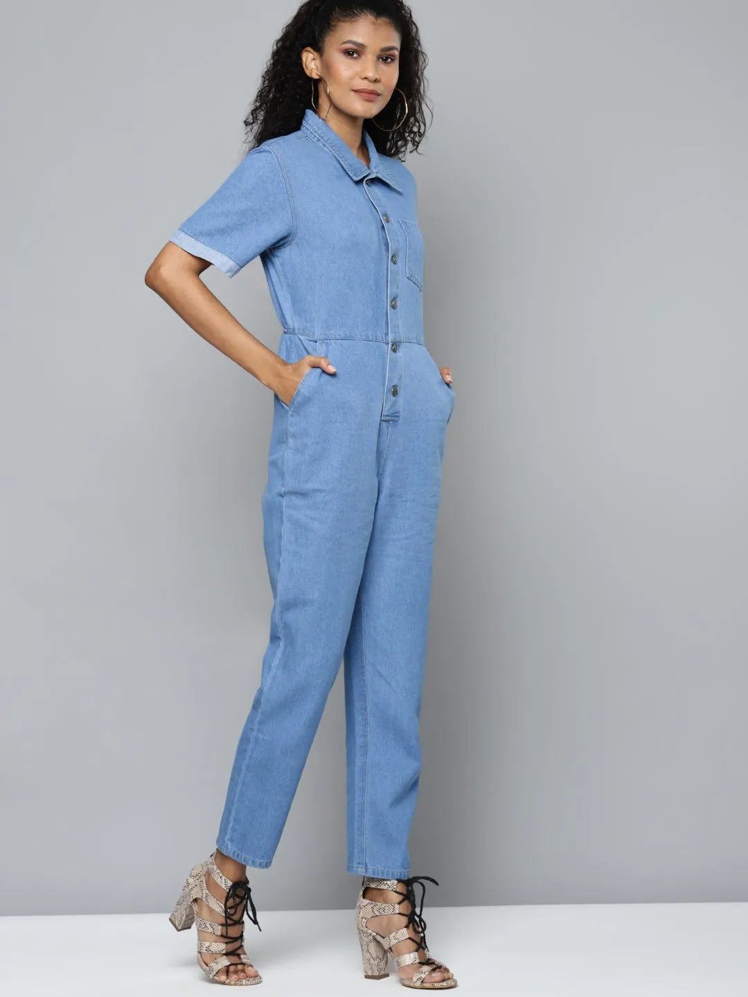 Blue Denim Belted Jumpsuit