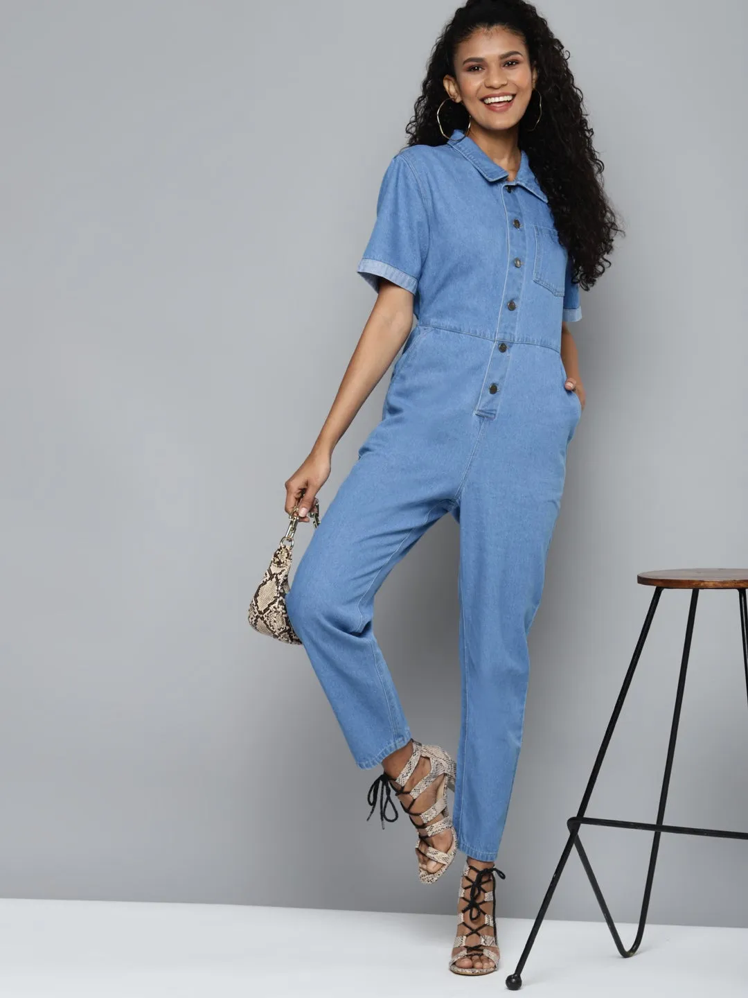 Blue Denim Belted Jumpsuit