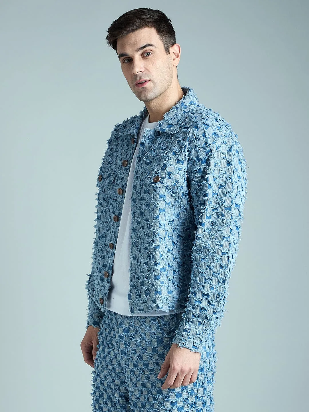 Blue Frayed Jacquard Cropped Denim Jacket