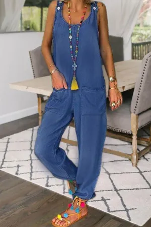 Blue Pockets Sleeveless Jumpsuit