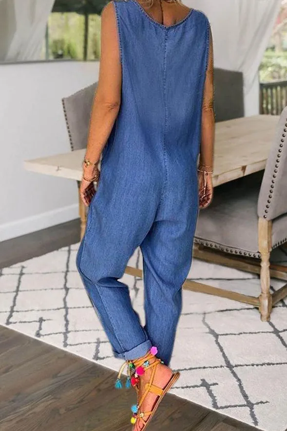 Blue Pockets Sleeveless Jumpsuit