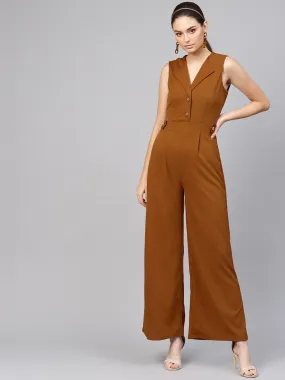 Brown Collared Flare Leg Jumpsuit