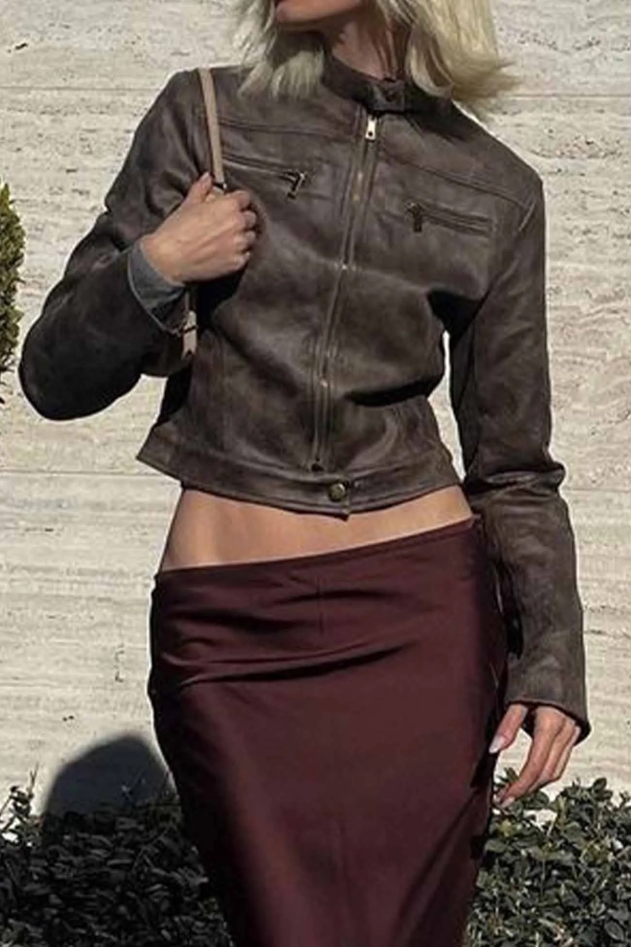 Brown Suede Cropped Stand Collar Jacket