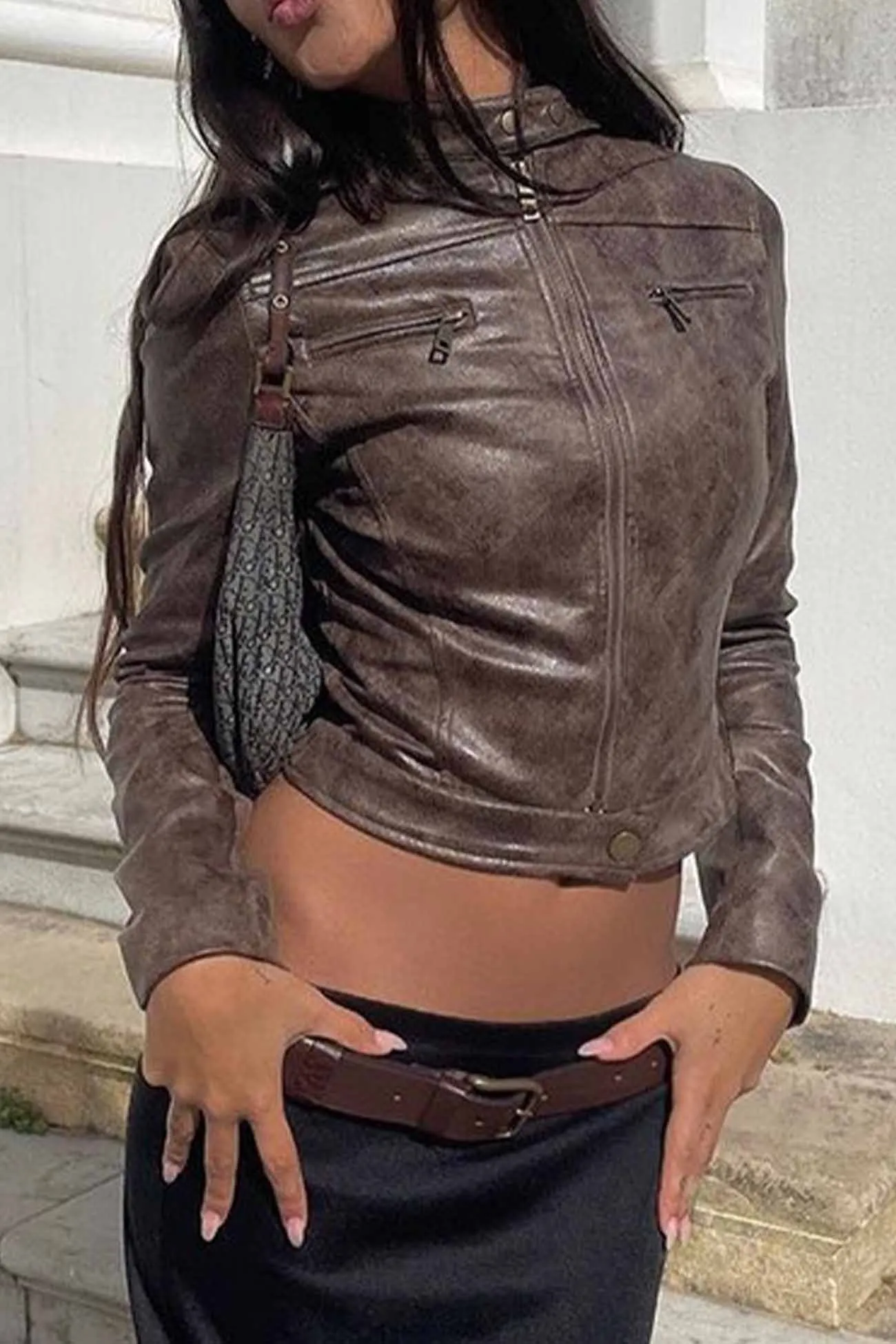 Brown Suede Cropped Stand Collar Jacket