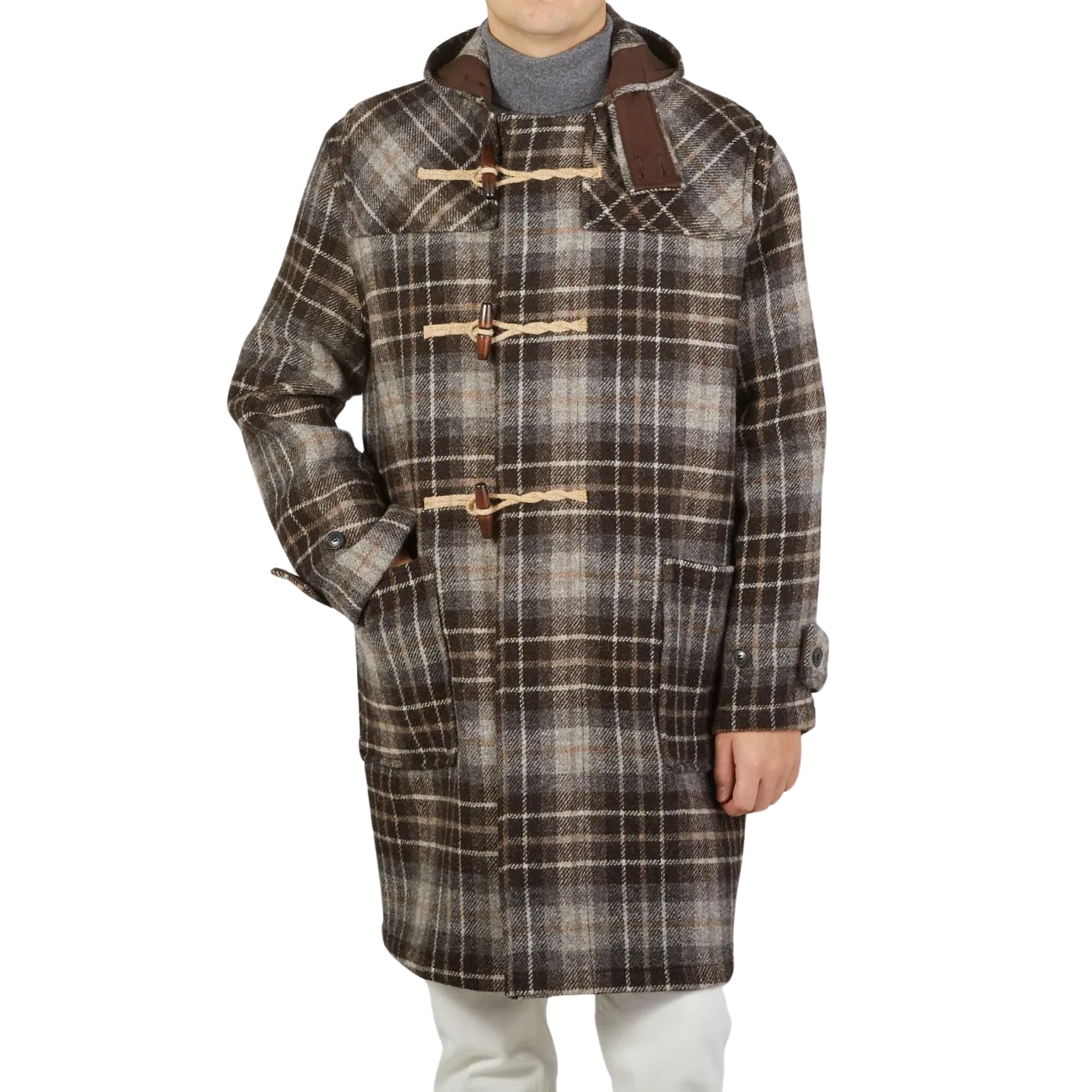 Brown Undyed Shepherds Check Wool Duffle Coat