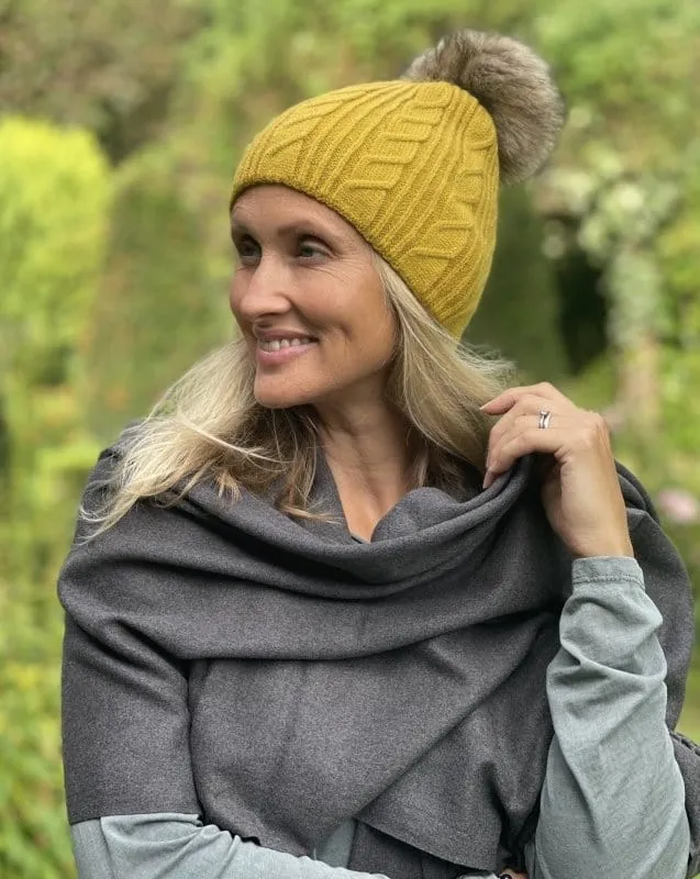 Cable Knit Pom Pom Hat - Mustard