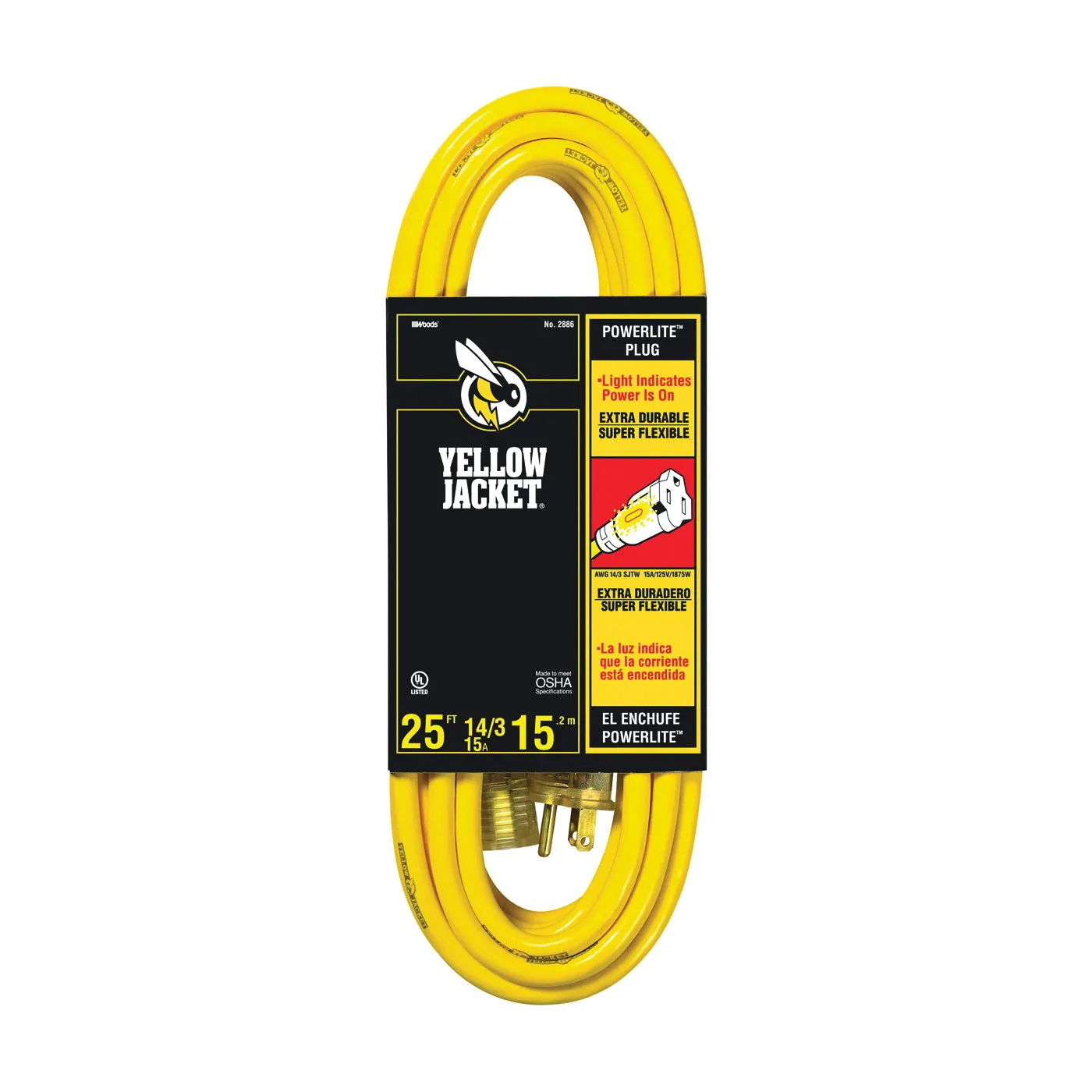 CCI 2886 Extension Cord, 14 AWG Cable, 25 ft L, 15 A, 125 V, Yellow