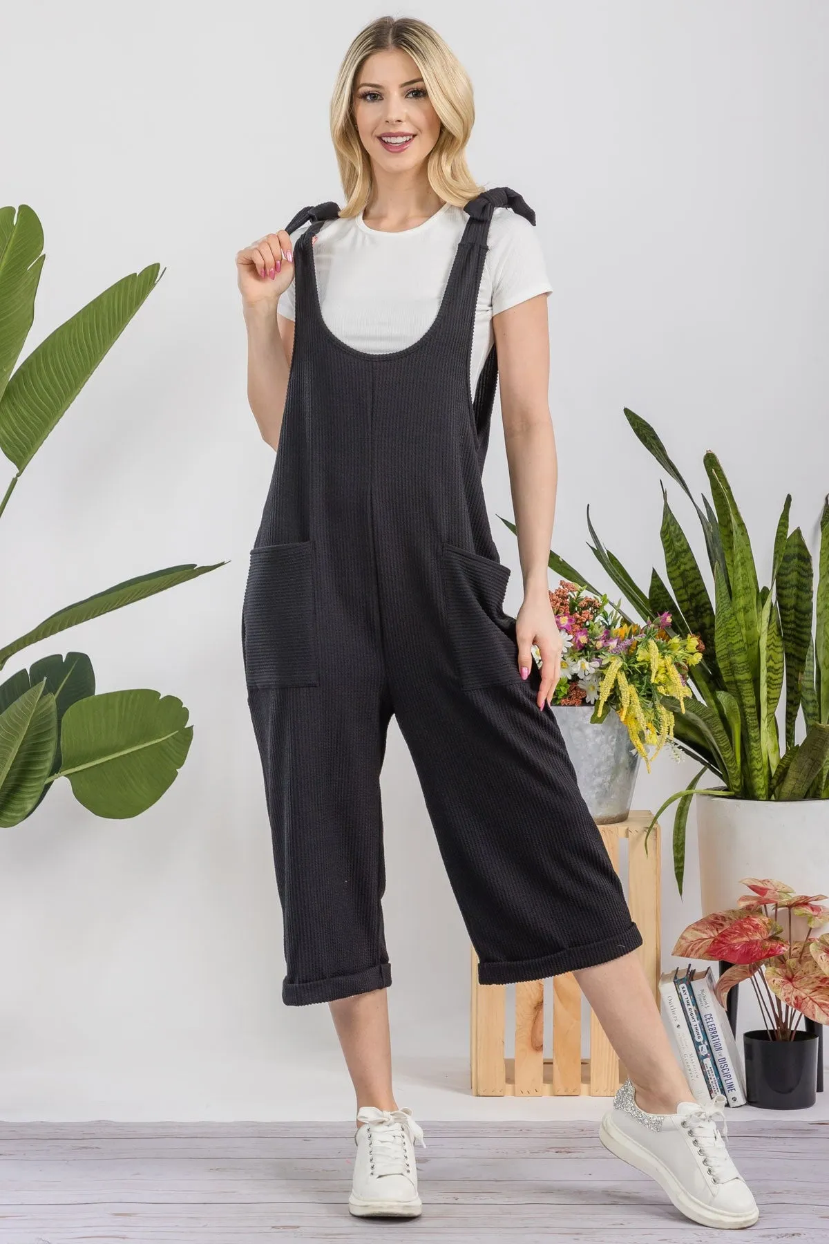 Celeste Ribbed Capri Length Jumpsuit in Black