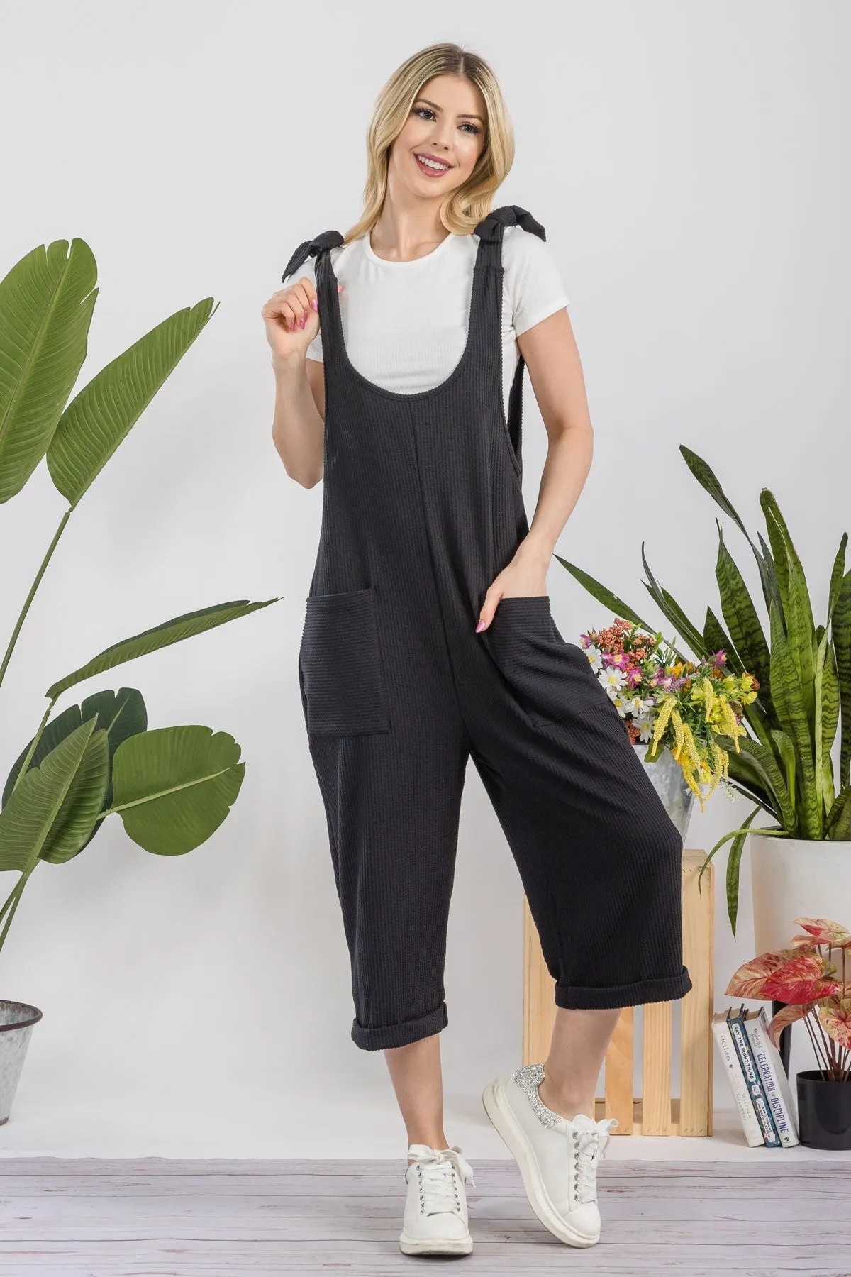 Celeste Ribbed Capri Length Jumpsuit in Black