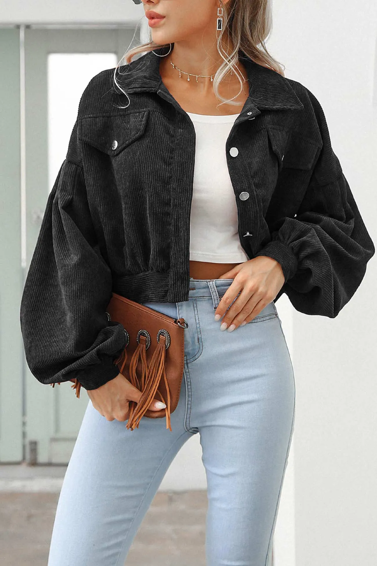 Corduroy Single-breasted Cropped Jacket