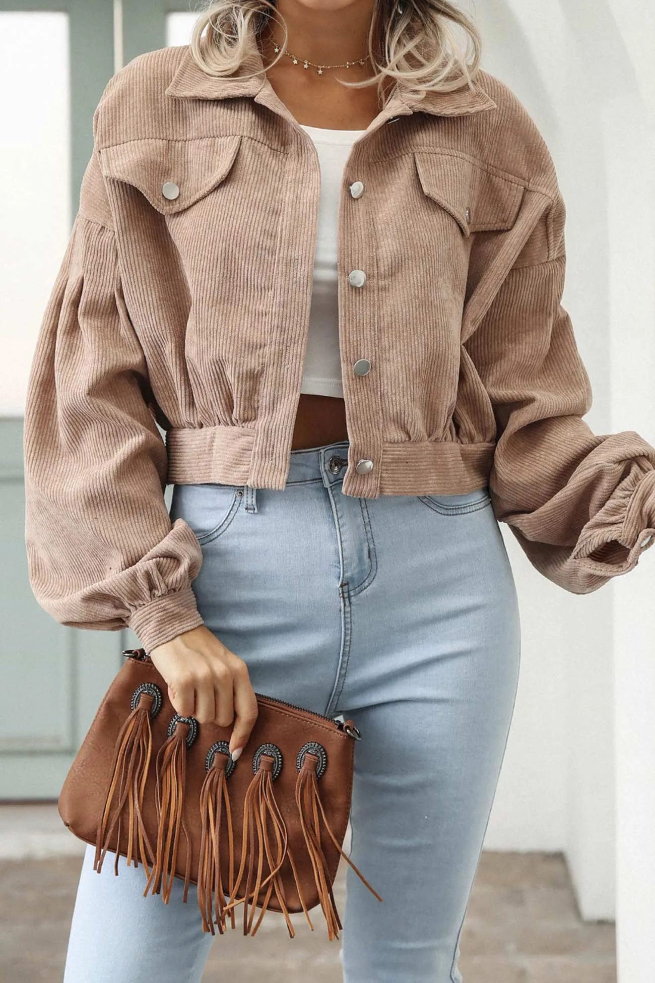 Corduroy Single-breasted Cropped Jacket