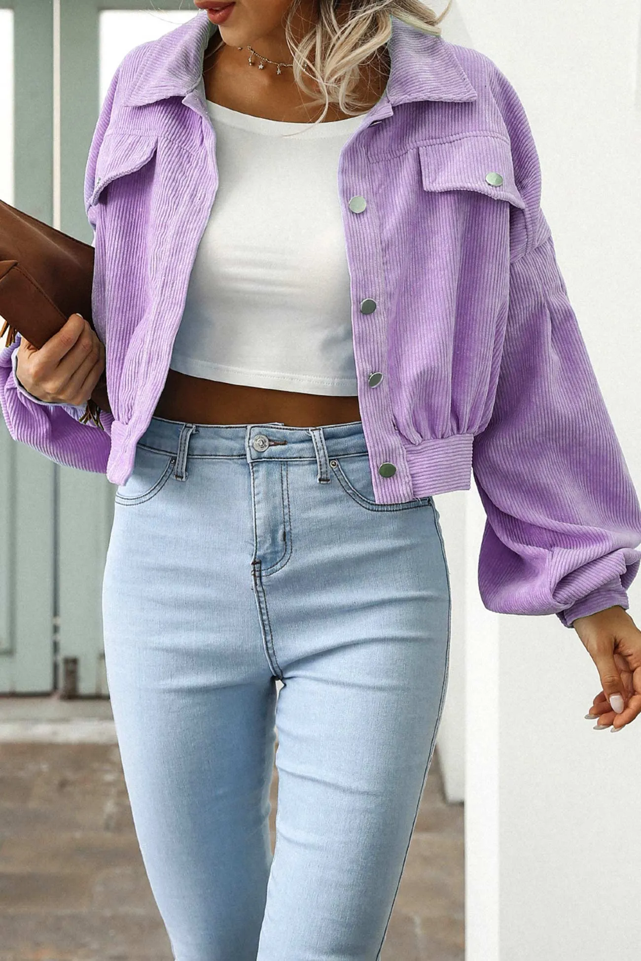 Corduroy Single-breasted Cropped Jacket