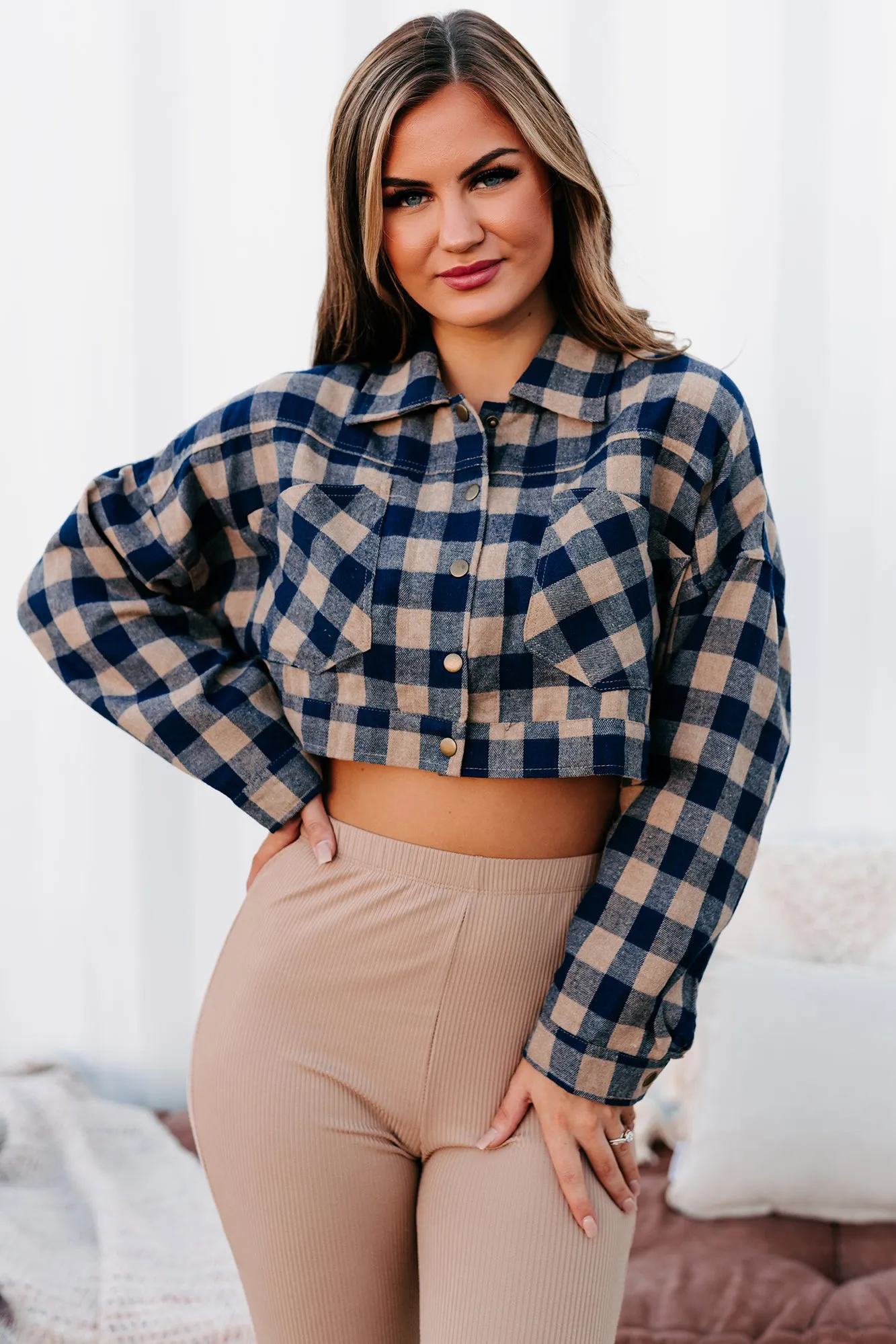 Corn Maze Cutie Cropped Plaid Top (Taupe)