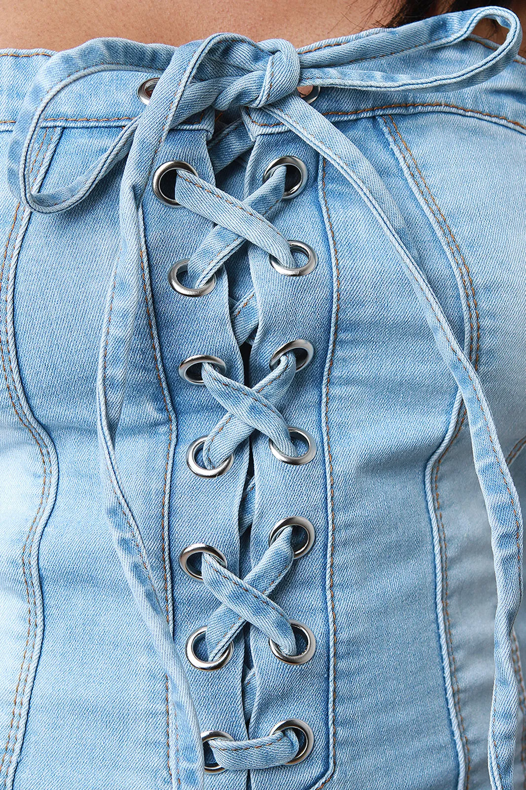 Corset Lace-Up Tube Denim Jumpsuit