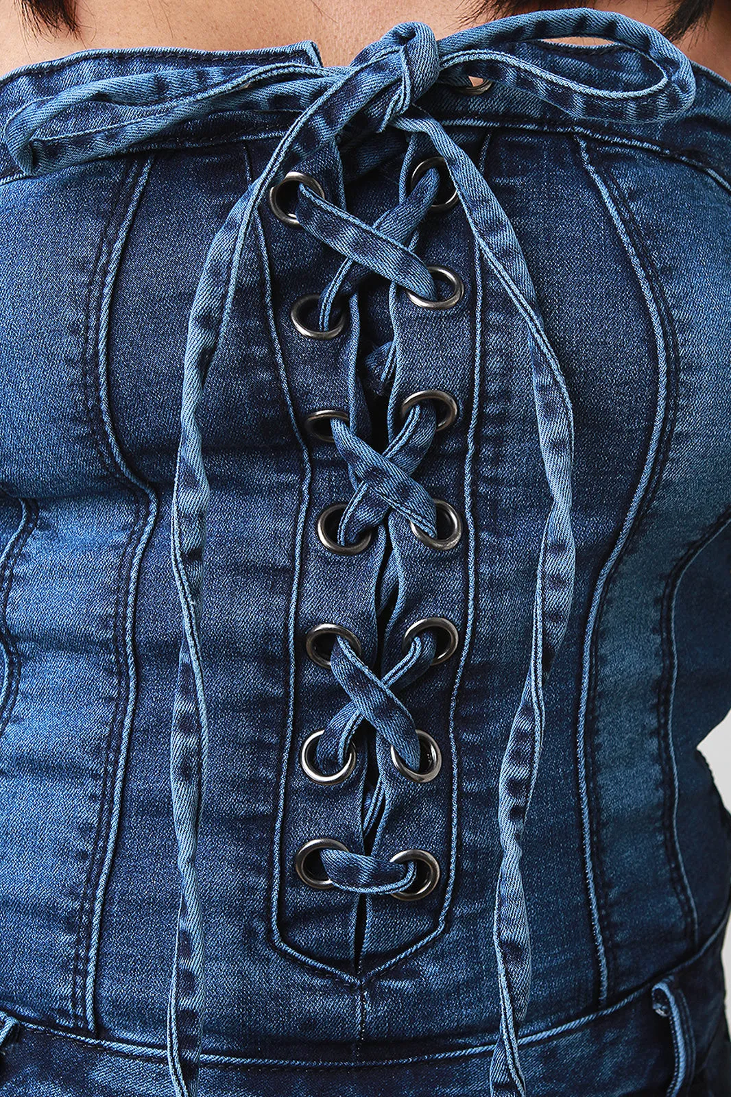 Corset Lace-Up Tube Denim Jumpsuit