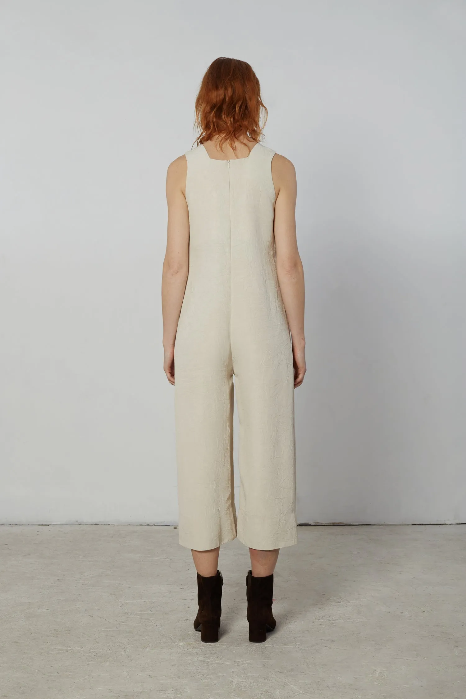 Cropped Jumpsuit in Matte Crinkle Satin