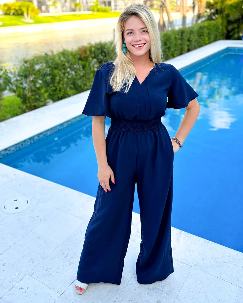 Dark Blue Smocked Waist Notch Neck Crepe Jumpsuit