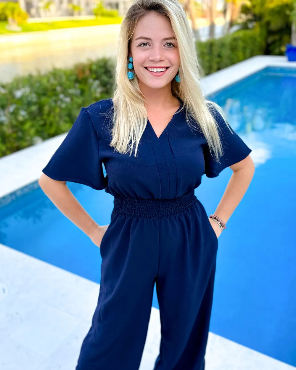 Dark Blue Smocked Waist Notch Neck Crepe Jumpsuit