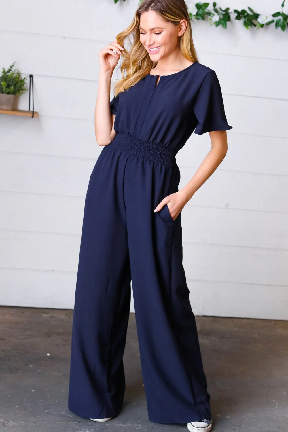 Dark Blue Smocked Waist Notch Neck Crepe Jumpsuit