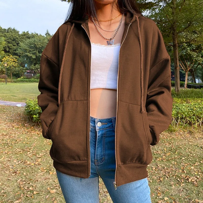 deanwangkt Brown Zip Up Hooded Sweatshirts Women Vintage Pockets Oversized Jacket Coat Autumn Female Y2K Aesthetic Long Sleeve Hoodie