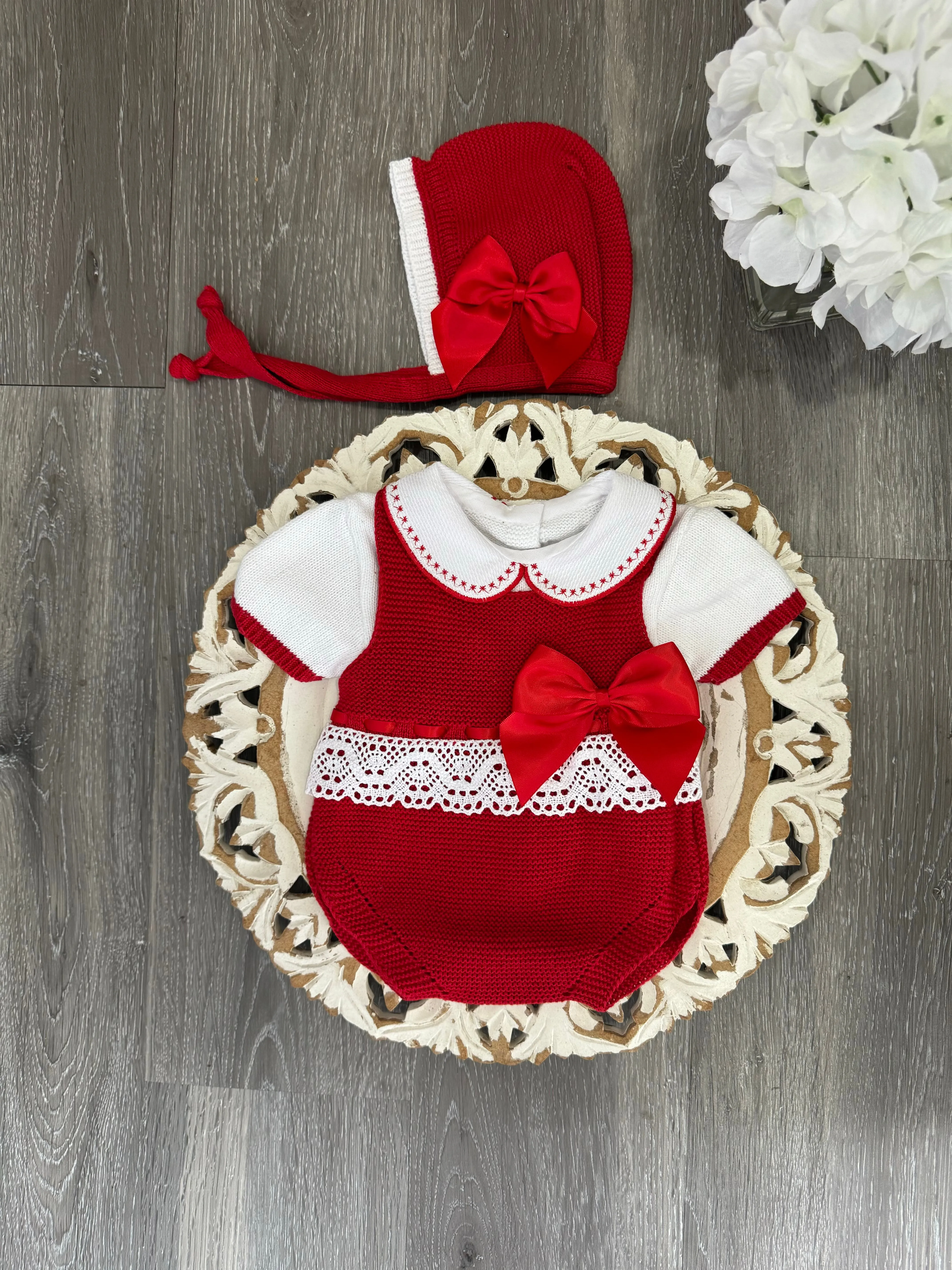 Delicate Lace Belt With Big Satin Bow Short Romper Set in Red and White