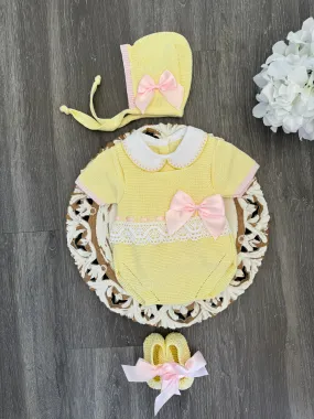 Delicate Lace Belt With Big Satin Bow Short Romper Set in Yellow and Pink