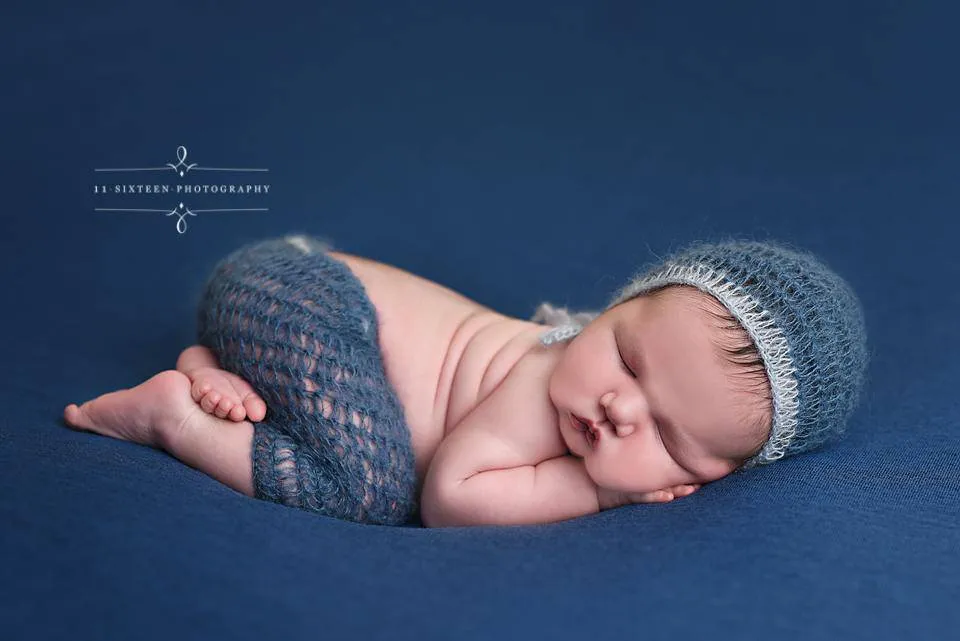 Denim and Baby Blue Two Toned Mohair Newborn Pants and Hat Set