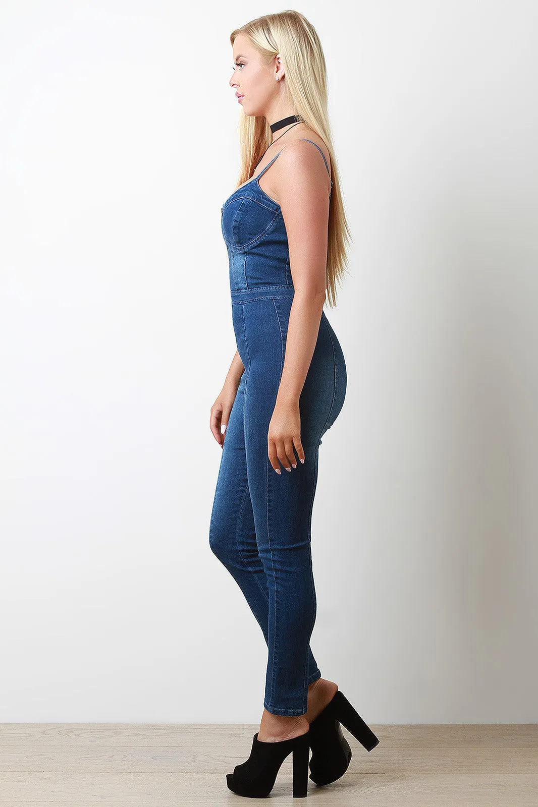 Denim Zippered Front Bustier Fitted Jumpsuit