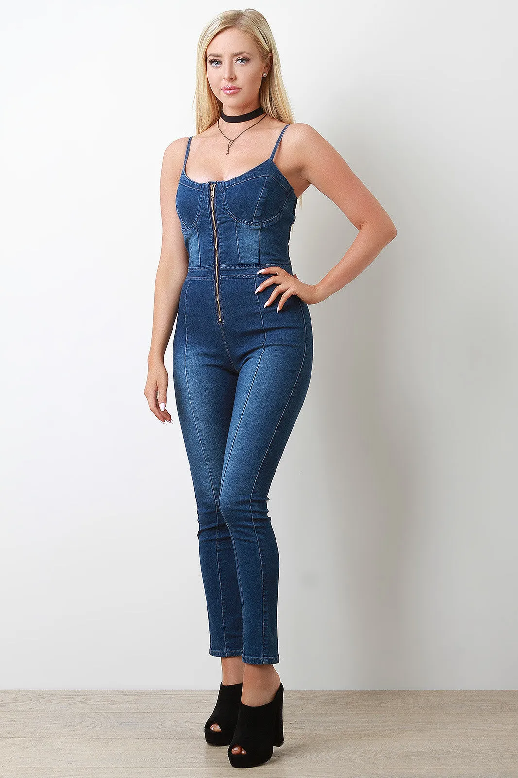 Denim Zippered Front Bustier Fitted Jumpsuit