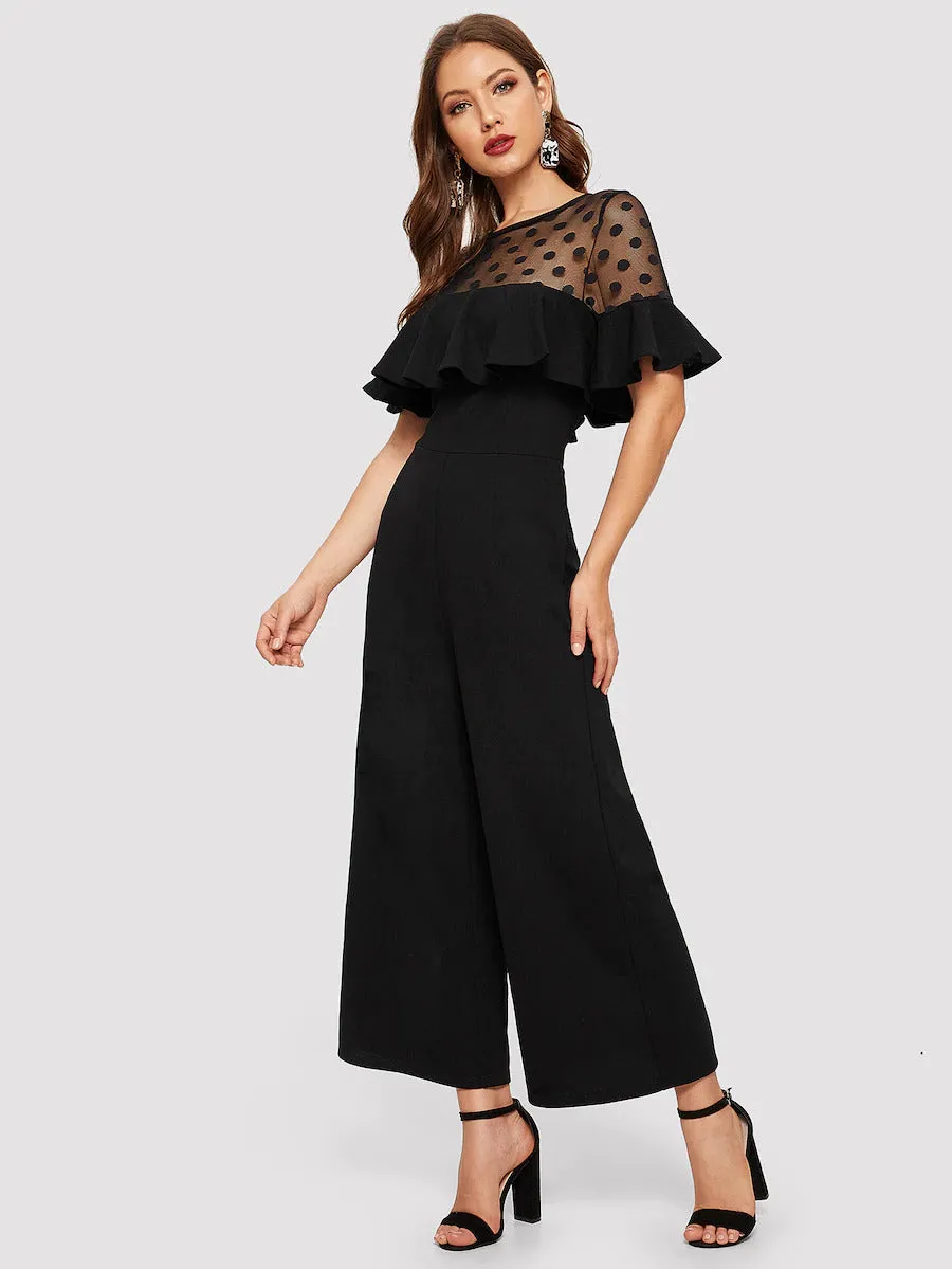 Dot Mesh Sheer Yoke Jumpsuit