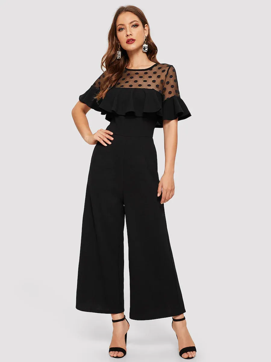 Dot Mesh Sheer Yoke Jumpsuit