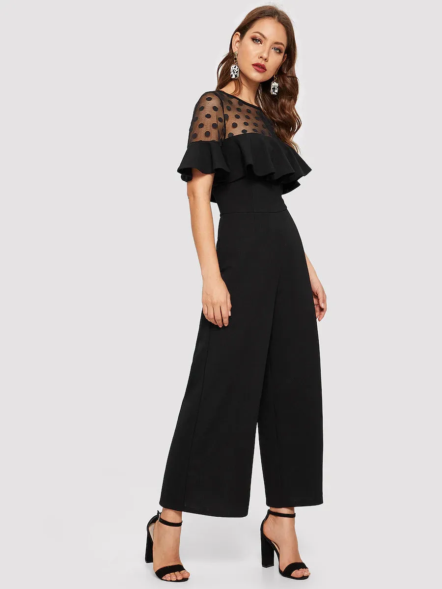 Dot Mesh Sheer Yoke Jumpsuit