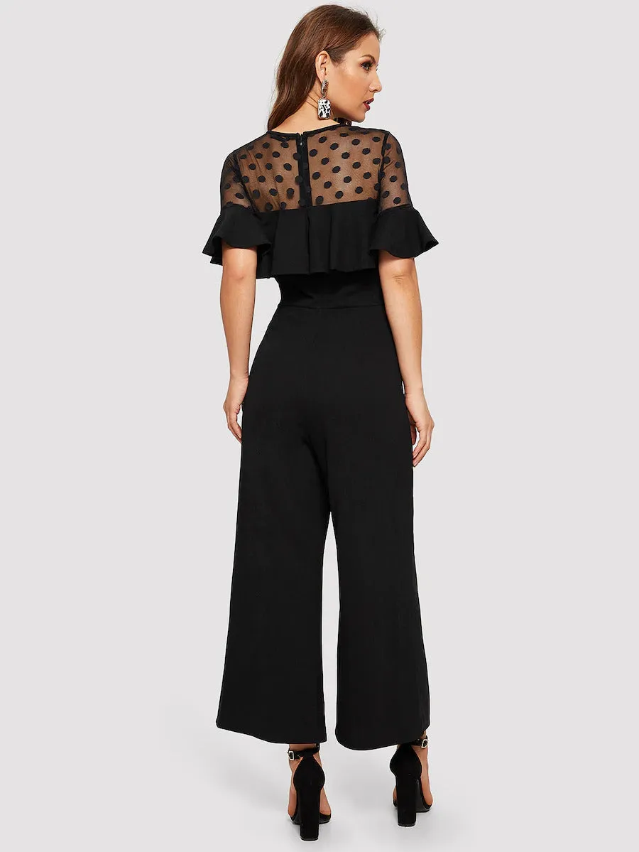 Dot Mesh Sheer Yoke Jumpsuit