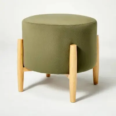 Elroy Round Velvet Ottoman with Wooden Legs Olive Green - Threshold designed wit