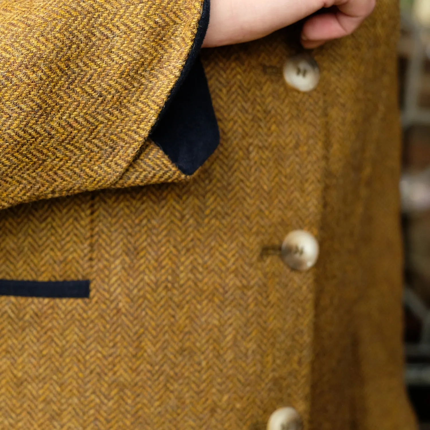 Fitted Tweed Coat in Mustard Herringbone