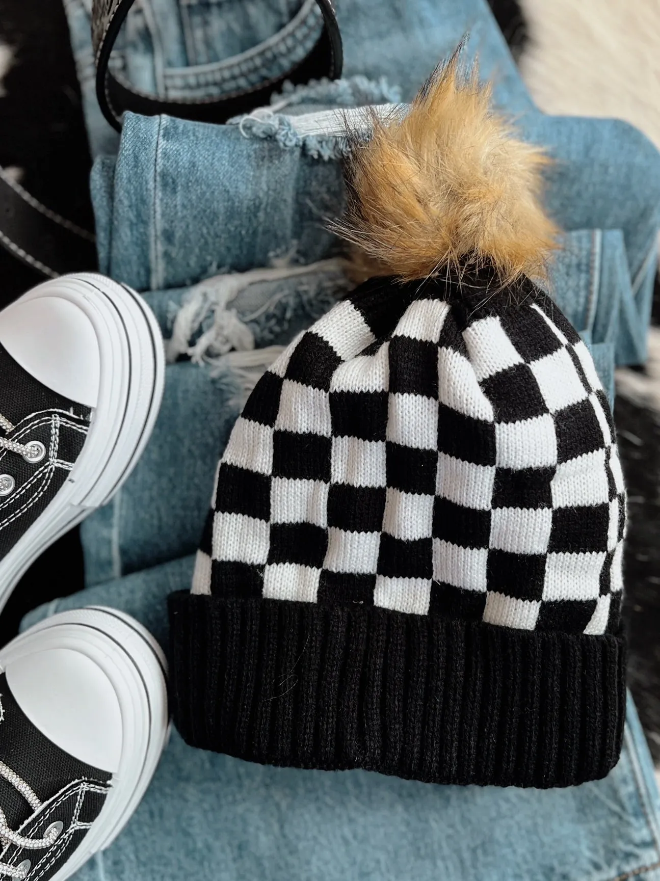 Fleece Lined Black & White Checkered Beanie