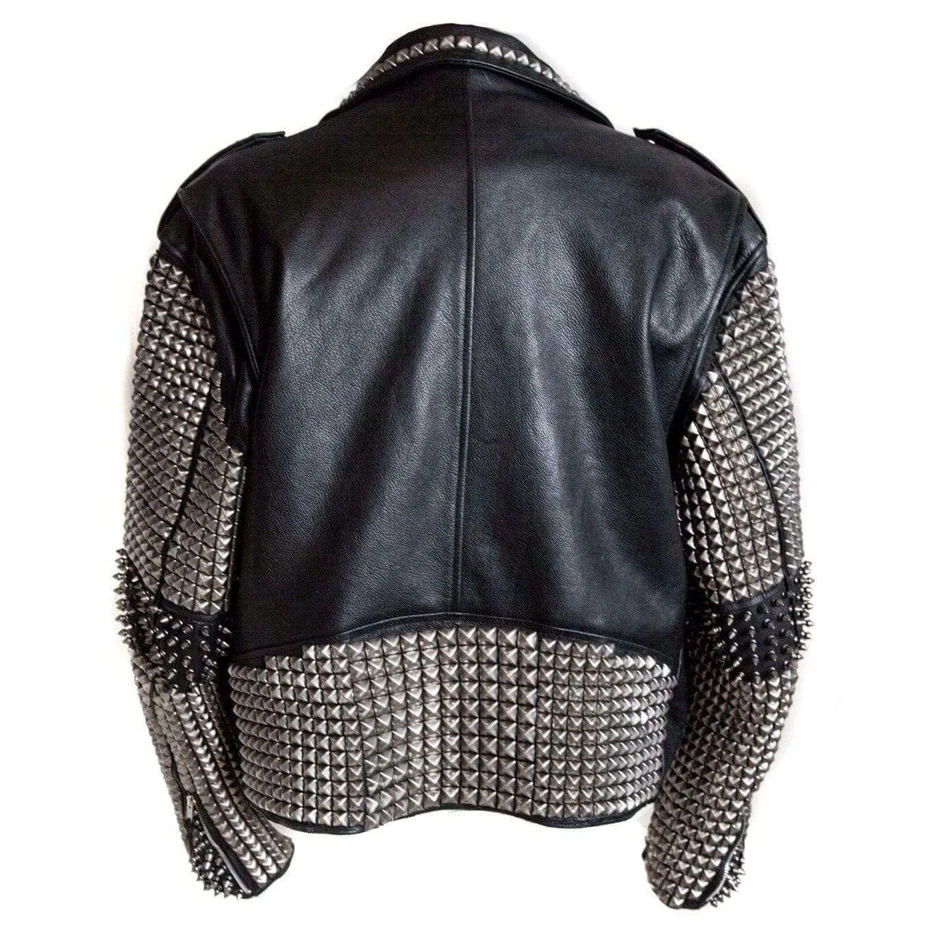 Full Black Punk Silver Spiked Studded Cowhide Leather Stylish Jacket