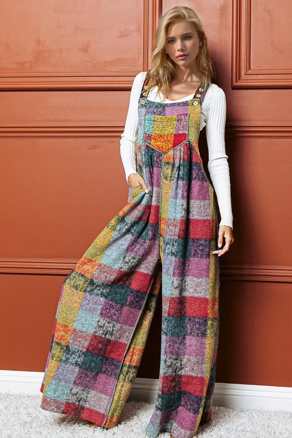 Full Size Plaid Sleeveless Fleece Wide Leg Jumpsuit