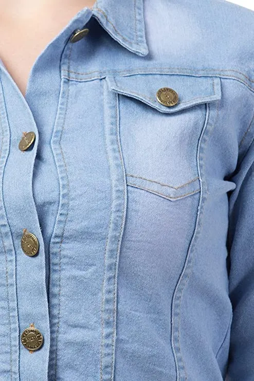 FUNDAY FASHION Full Sleeve Blue Solid Women's Denim Jacket (X-Large, New Light Blue)