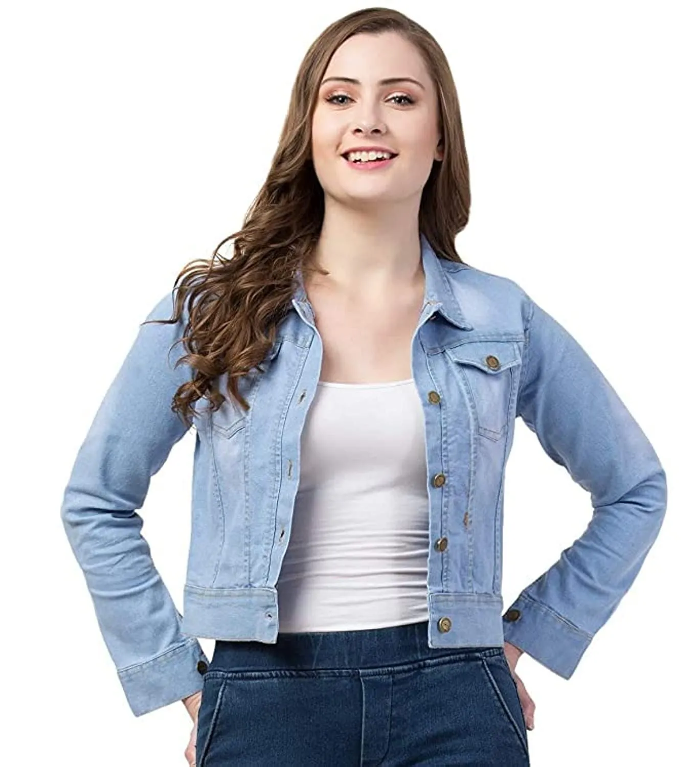 FUNDAY FASHION Full Sleeve Blue Solid Women's Denim Jacket (X-Large, New Light Blue)