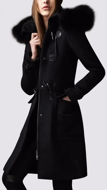 Fur-Hooded Wool Duffle Coat in Black